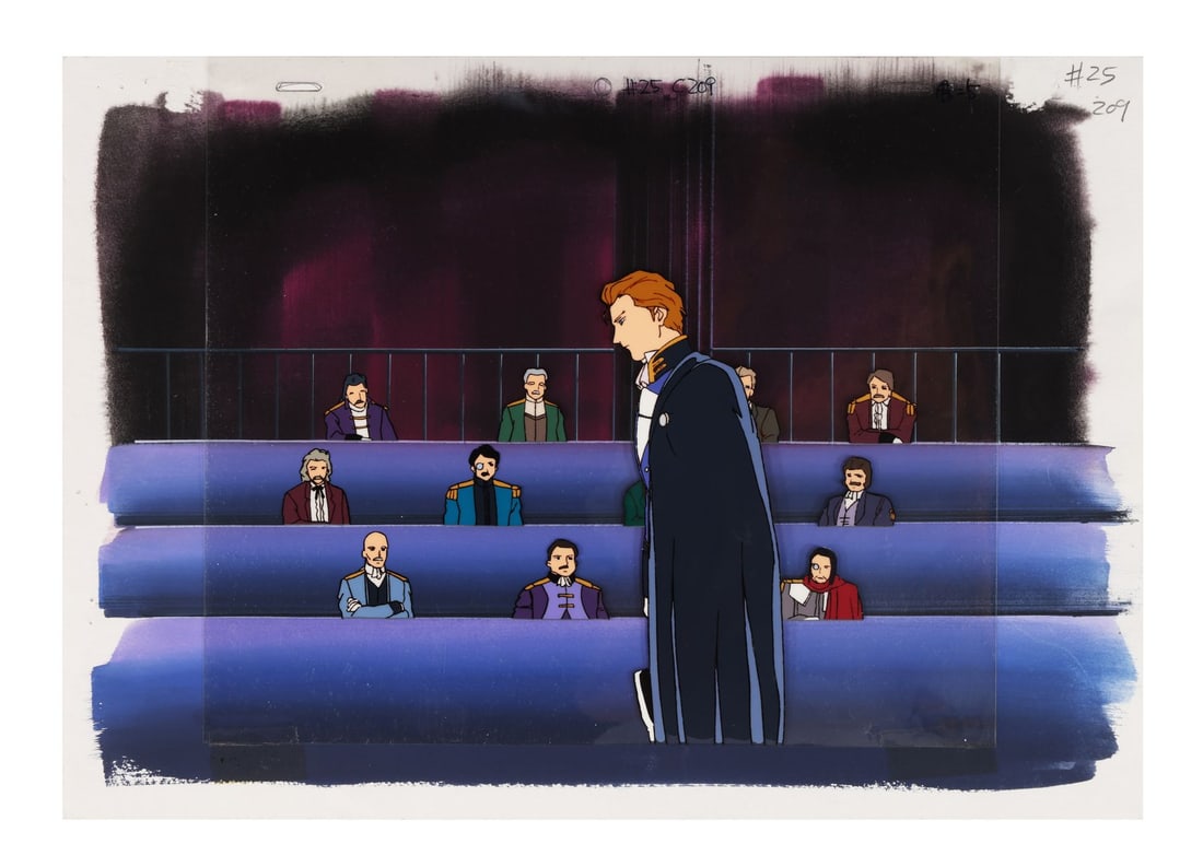 MOBILE SUIT GUNDAM WING (TV SERIES, 1995-1996) - Treize Khushrenada addresses OZ Leadership Original: MOBILE SUIT GUNDAM WING (TV SERIES, 1995-1996) - Treize Khushrenada addresses OZ Leadership Original Production Cel from "Quatre VS Heero" on Hand-Painted Key Master Production Background - Treize Khu