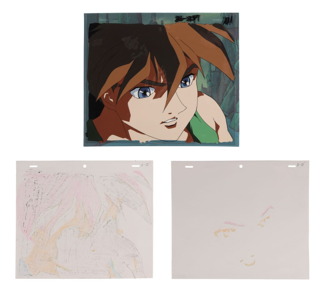 MOBILE SUIT GUNDAM WING (TV SERIES, 1995-1996) - Heero Original Production Cel on Printed: MOBILE SUIT GUNDAM WING (TV SERIES, 1995-1996) - Heero Original Production Cel on Printed Presentation Background with Two Matching Douga Drawings - Heero Yuy is one of the most watchable protagonists