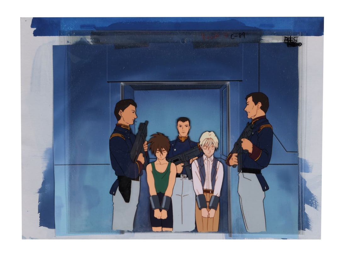 MOBILE SUIT GUNDAM WING (TV SERIES, 1995-1996) - Heero Yuy, Quatre, and OZ soldiers Original: MOBILE SUIT GUNDAM WING (TV SERIES, 1995-1996) - Heero Yuy, Quatre, and OZ soldiers Original Production Cel from "The Eternal Flame of the Shooting Stars" on Hand-Painted Key Master Production Backgro