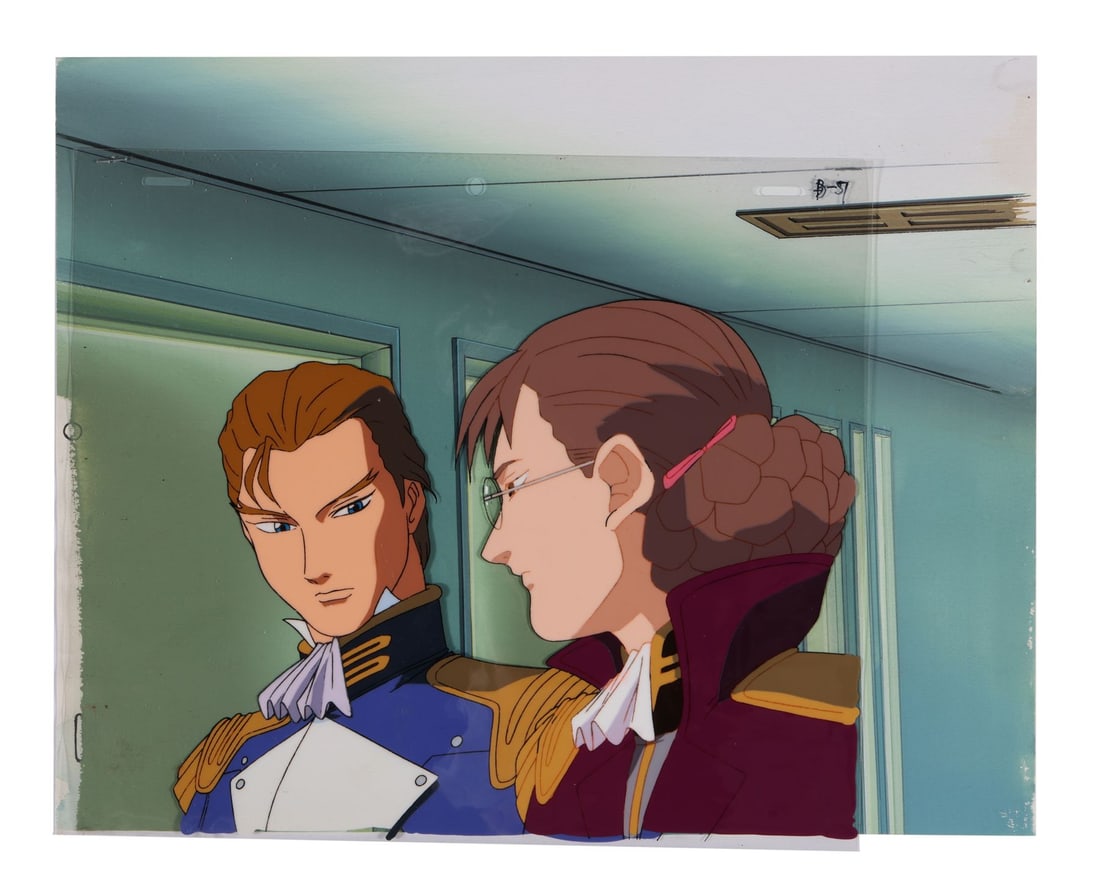 MOBILE SUIT GUNDAM WING (TV SERIES, 1995-1996) - Lady Une and Treize Original Production Cel from: MOBILE SUIT GUNDAM WING (TV SERIES, 1995-1996) - Lady Une and Treize Original Production Cel from "Scenario for Bloodshed" on Original Production Background - Treize Khushrenada and Lady Une face each