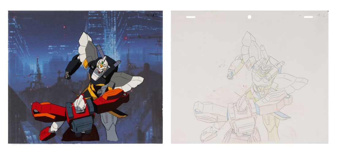 MOBILE SUIT GUNDAM WING (TV SERIES, 1995-1996) - Heavyarms and Sandrock Original Production Cel on: MOBILE SUIT GUNDAM WING (TV SERIES, 1995-1996) - Heavyarms and Sandrock Original Production Cel on Printed Presentation Background with Matching Douga Drawing from "Five Gundams Confirmed" - From "Fiv