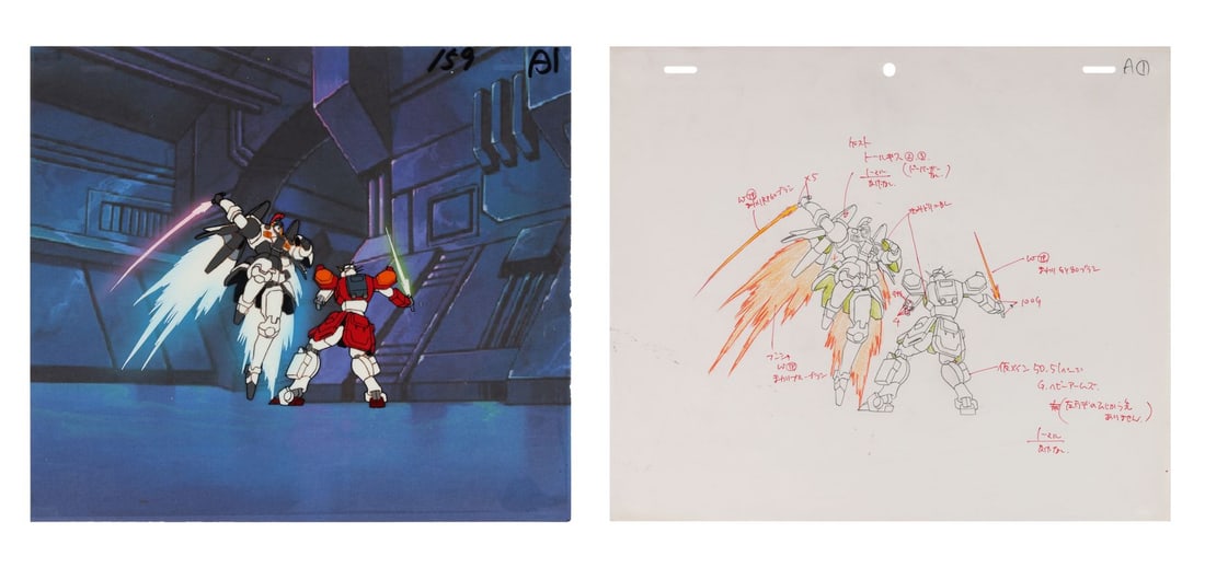 MOBILE SUIT GUNDAM WING (TV SERIES, 1995-1996) - Tallgeese and Heavyarms Original Production Cel on: MOBILE SUIT GUNDAM WING (TV SERIES, 1995-1996) - Tallgeese and Heavyarms Original Production Cel on Printed Presentation Background with Matching Douga Drawing from "The Sorrowful Battle" - From "The 