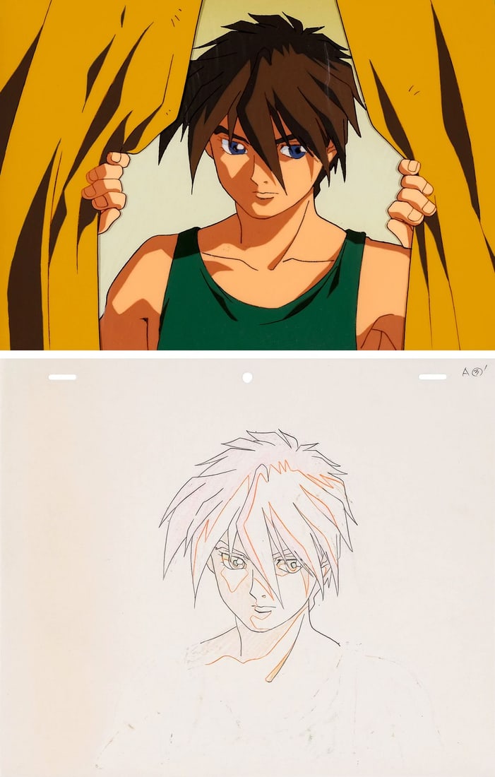 MOBILE SUIT GUNDAM WING (TV SERIES, 1995-1996) - Heero Original Production Cel on Original: MOBILE SUIT GUNDAM WING (TV SERIES, 1995-1996) - Heero Original Production Cel on Original Production Background with Matching Douga Drawing - Heero Yuy is the pivot around which Gundam Wing turns, th