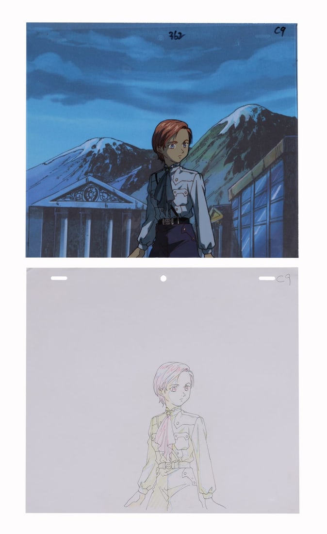 NEW MOBILE REPORT GUNDAM WING: ENDLESS WALTZ (OVA, 1997) - Mariemaia Khushrenada Original Production: NEW MOBILE REPORT GUNDAM WING: ENDLESS WALTZ (OVA, 1997) - Mariemaia Khushrenada Original Production Cel on Printed Presentation Background with Matching Douga Drawing - Mariemaia Khushrenada is one o