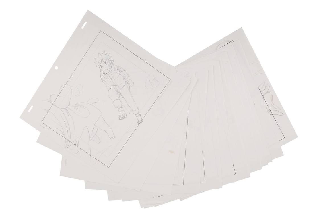 NARUTO (TV SERIES, 2002-2007) - Set of Naruto and Pakkun Genga Drawings from "Successor of the: NARUTO (TV SERIES, 2002-2007) - Set of Naruto and Pakkun Genga Drawings from "Successor of the Forbidden Jutsu" - A substantial production genga set comprising fifteen sheets featuring an iconic Narut
