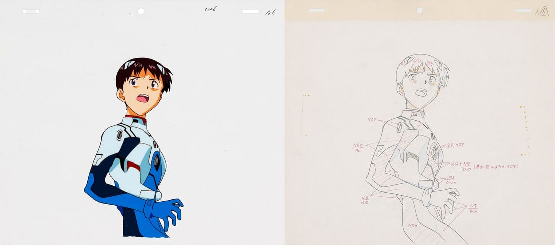 NEON GENESIS EVANGELION (TV SERIES, 1995-1996) - Shinji Original Production Cel and Matching Douga: NEON GENESIS EVANGELION (TV SERIES, 1995-1996) - Shinji Original Production Cel and Matching Douga Drawing from "Weaving a Story 2: Oral Stage" - Shinji Ikari in his plugsuit, caught mid-turn, conscio