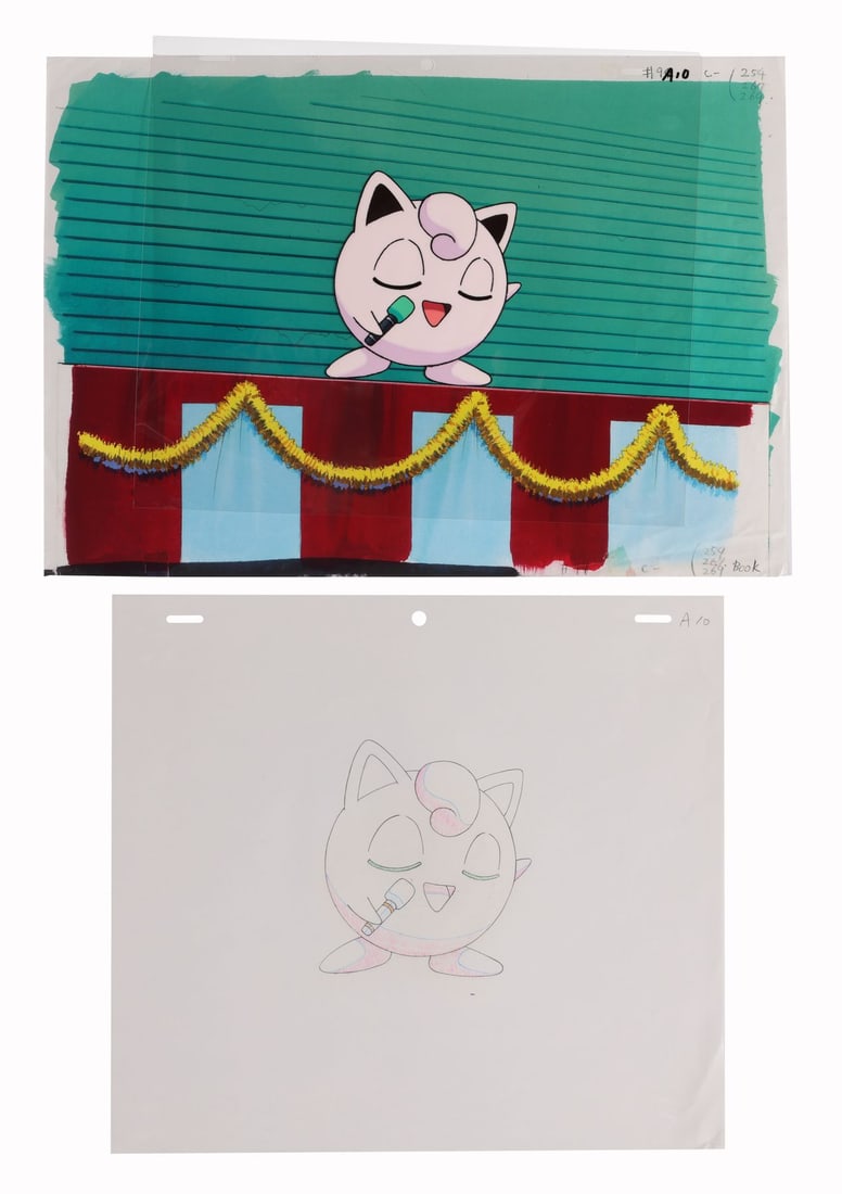 POKEMON (TV SERIES, 1997-PRESENT) - Jigglypuff Original Production Cel on Presentation Background: POKEMON (TV SERIES, 1997-PRESENT) - Jigglypuff Original Production Cel on Presentation Background and Matching Douga Drawing from "Snack Attack" - A superb original production cel with matching douga 
