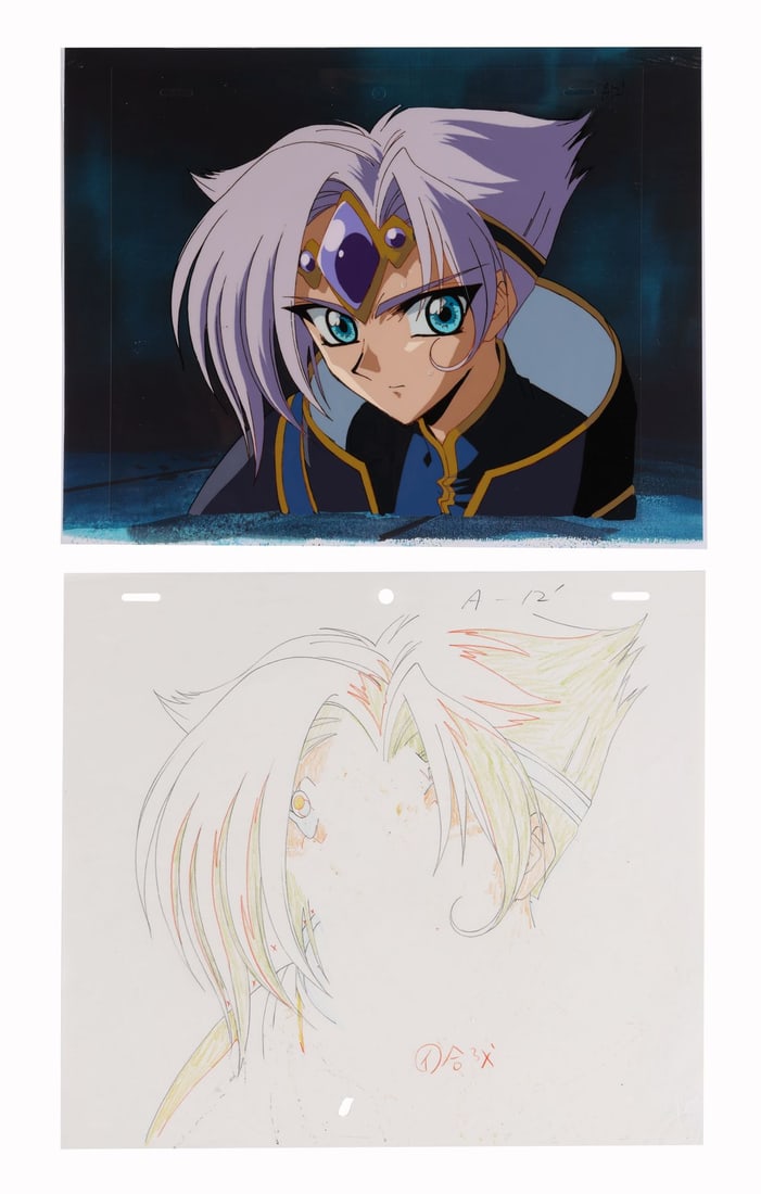 RAYEARTH (TV MINI SERIES, 1997) - Clef Original Production Cel on Original Production Background: RAYEARTH (TV MINI SERIES, 1997) - Clef Original Production Cel on Original Production Background with Matching Douga Drawing - The high priest Clef holds the spotlight here, the diminutive mage of Cep