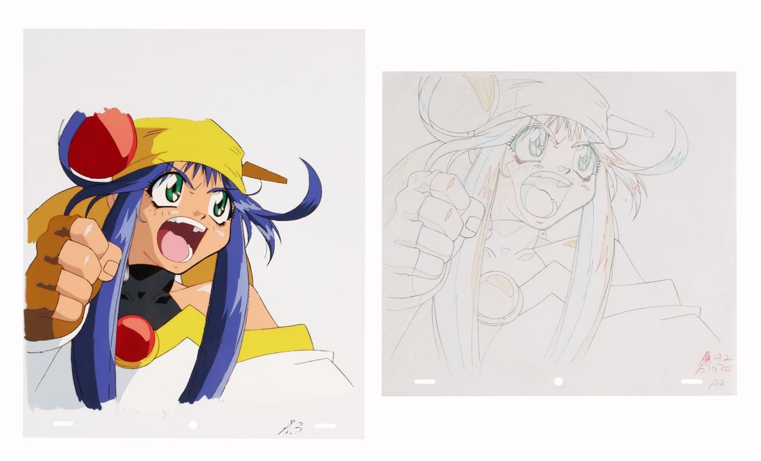 SABER MARIONETTE J (TV SERIES, 1996-1997) - Lime Original Production Pan Cel with Matching Douga: SABER MARIONETTE J (TV SERIES, 1996-1997) - Lime Original Production Pan Cel with Matching Douga Drawing - Lime is the heart of Saber Marionette J. The first of Otaru Mamiya's three marionettes and th
