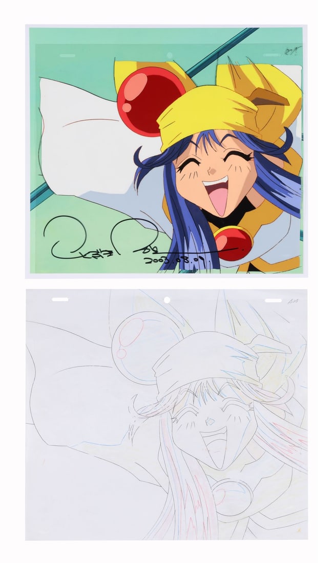 SABER MARIONETTE J (TV SERIES, 1996-1997) - Lime Original Production Cel Signed by Tsukasa Kotobuki: SABER MARIONETTE J (TV SERIES, 1996-1997) - Lime Original Production Cel Signed by Tsukasa Kotobuki on Fine Art Giclee Background with Matching Douga Drawing - Lime is the one who started it all, the 