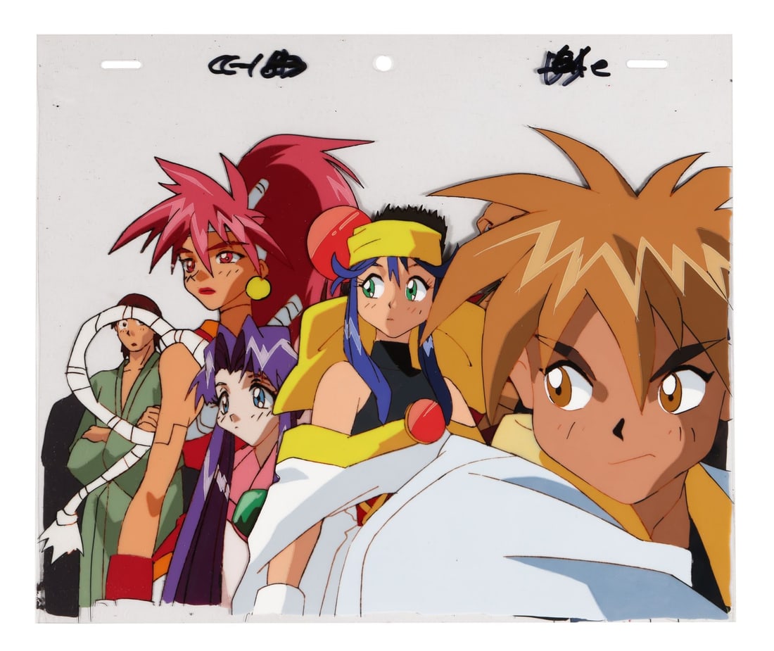 SABER MARIONETTE J (TV SERIES, 1996-1997) - Otaru, Lime, Cherry, and Bloodberry Original Production: SABER MARIONETTE J (TV SERIES, 1996-1997) - Otaru, Lime, Cherry, and Bloodberry Original Production Cel - Here is Otaru with his three Marionettes, all four turned to the left in one group shot. Saber