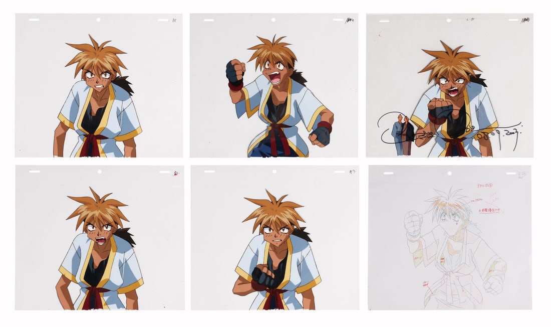SABER MARIONETTE J (TV SERIES, 1996-1997) - Set of Five Otaru Original Production Cels, Matching: SABER MARIONETTE J (TV SERIES, 1996-1997) - Set of Five Otaru Original Production Cels, Matching Douga Drawings, Copy Layout Drawing Signed by Tsukasa Kotobuki - Otaru Mamiya throws his fist skyward a