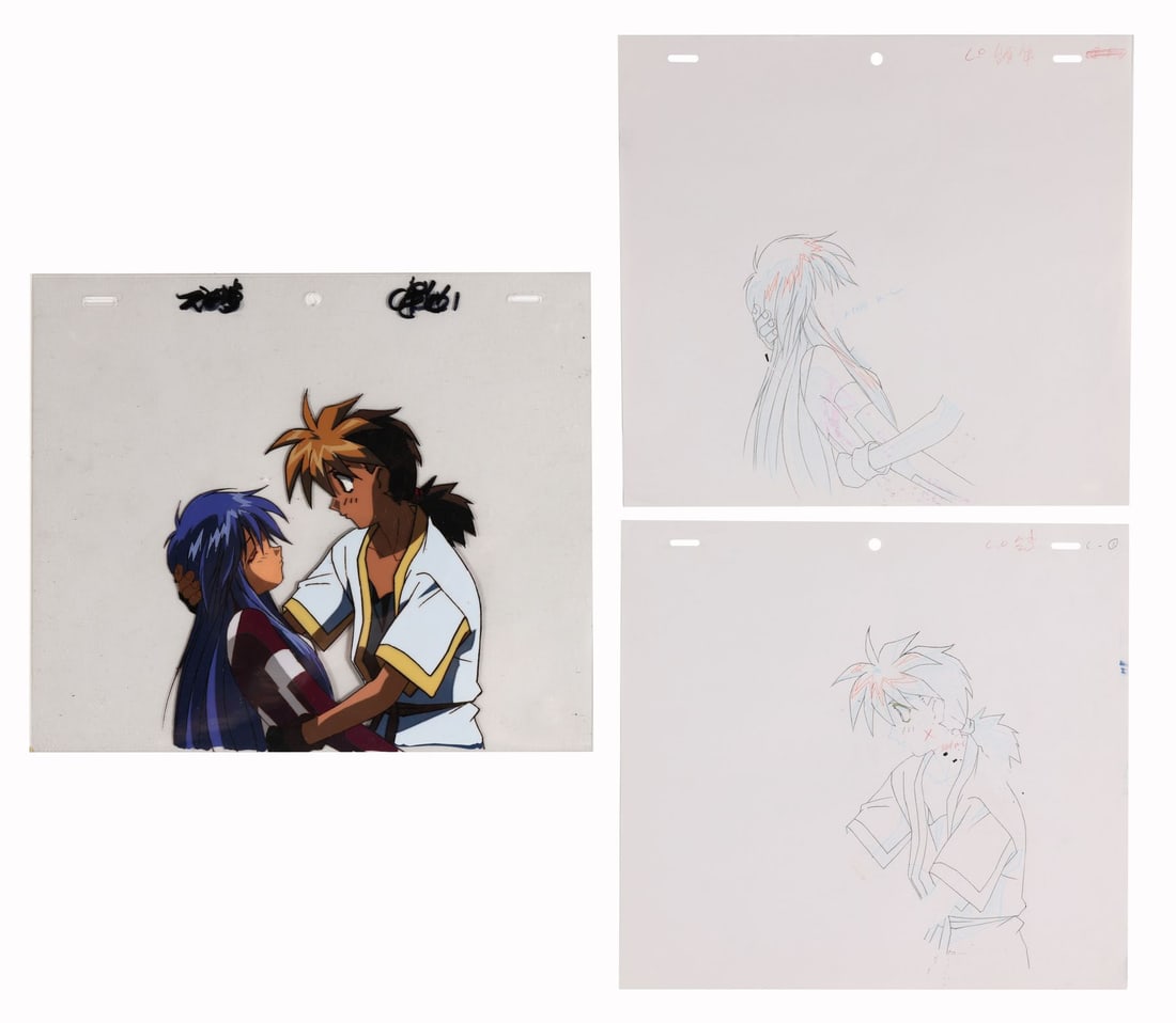 SABER MARIONETTE J (TV SERIES, 1996-1997) - Lime and Otaru Original Production Cels with Matching: SABER MARIONETTE J (TV SERIES, 1996-1997) - Lime and Otaru Original Production Cels with Matching Douga Drawings - Lime and Otaru close together in this cel from Saber Marionette J, the moment Otaru h