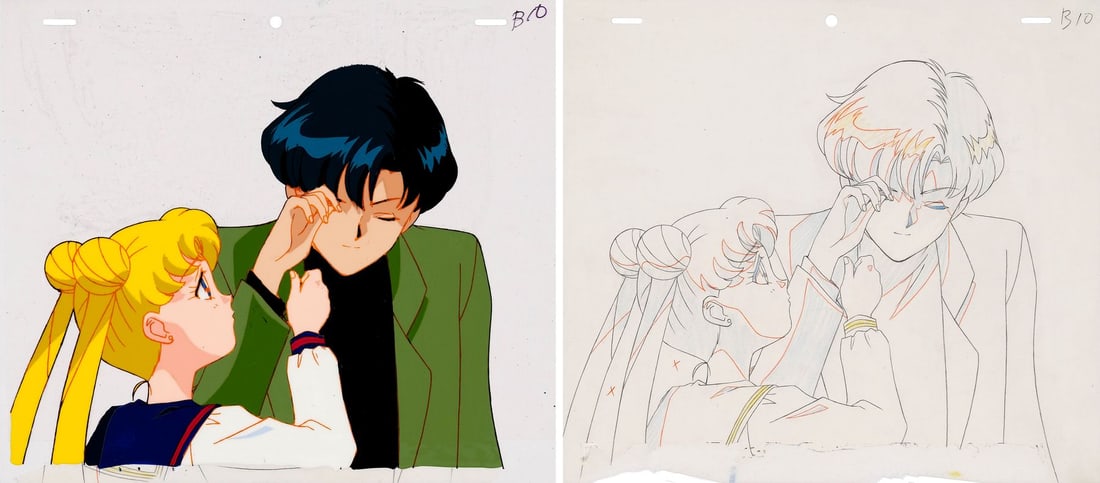 SAILOR MOON (TV SERIES, 1992-1997) - Usagi and Mamoru Original Production Cel with Matching Douga: SAILOR MOON (TV SERIES, 1992-1997) - Usagi and Mamoru Original Production Cel with Matching Douga Drawing from "The Cursed Mirror: Mamoru Caught in a Nightmare" - "The Cursed Mirror: Mamoru Caught in 