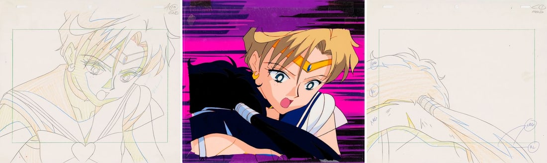 SAILOR MOON (TV SERIES, 1992-1997) - Sailor Uranus Original Production Cel on Original Production: SAILOR MOON (TV SERIES, 1992-1997) - Sailor Uranus Original Production Cel on Original Production Background with Matching Douga Drawing and Timesheet from "Dying Stars: Uranus and Neptune's Last Stan