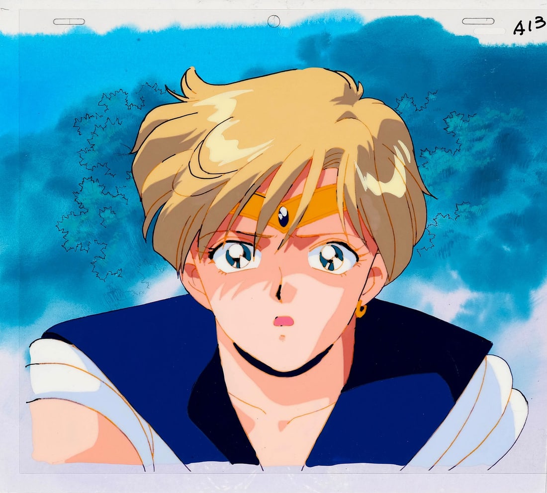 SAILOR MOON (TV SERIES, 1992-1997) - Sailor Uranus Original Production Cel with Matching Douga: SAILOR MOON (TV SERIES, 1992-1997) - Sailor Uranus Original Production Cel with Matching Douga Drawing from "The Death of Uranus and Neptune: The Talisman Appears" on Original Production Background - 