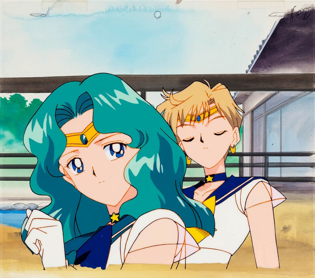 SAILOR MOON (TV SERIES, 1992-1997) - Sailor Uranus and Sailor Neptune Original Production Cel from: SAILOR MOON (TV SERIES, 1992-1997) - Sailor Uranus and Sailor Neptune Original Production Cel from "Ruler of the Galaxy: The Menace of Galaxia" on Original Production Background - From "Ruler of the G