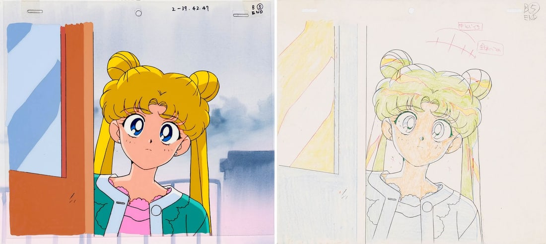 SAILOR MOON (TV SERIES, 1992-1997) - Usagi Original Production Cel on Hand-Painted Key Master: SAILOR MOON (TV SERIES, 1992-1997) - Usagi Original Production Cel on Hand-Painted Key Master Background with Matching Douga Drawing from "Mirrors of Dreams: The Amazon's Last Stage" - Usagi caught mi