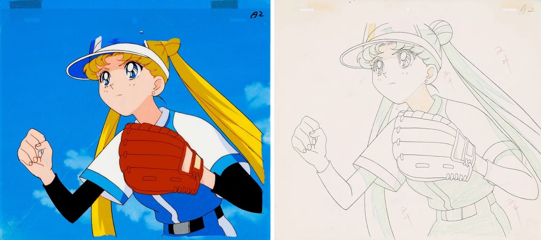 SAILOR MOON (TV SERIES, 1992-1997) - Usagi Original Production Cel on Original Production Background: SAILOR MOON (TV SERIES, 1992-1997) - Usagi Original Production Cel on Original Production Background with Matching Douga Drawing from "The Shining Power of a Star: Chibi-Chibi's Transformation" - Usag
