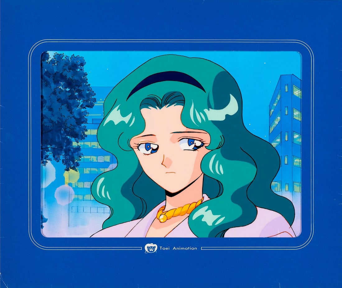SAILOR MOON (TV SERIES, 1992-1997) - Michiru Original Production Cel from "Let Moon Help With Your: SAILOR MOON (TV SERIES, 1992-1997) - Michiru Original Production Cel from "Let Moon Help With Your Love Problems" on Original Production Background - Michiru Kaioh in her civilian life, the green-hair