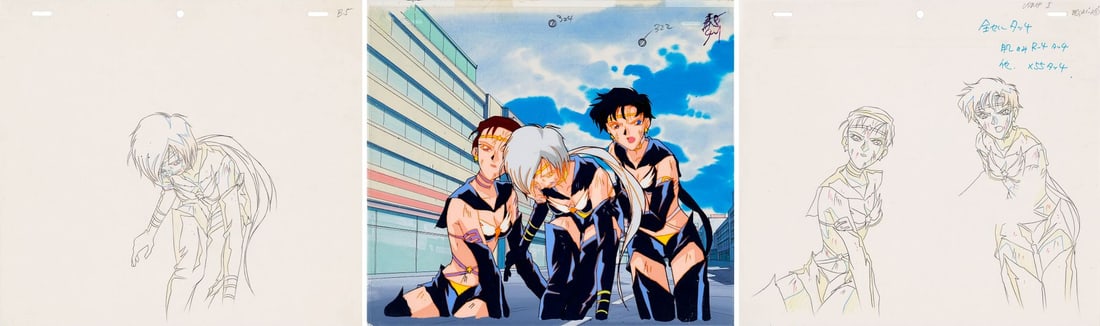 SAILOR MOON (TV SERIES, 1992-1997) - Sailor Starlights Original Production Cel on Original: SAILOR MOON (TV SERIES, 1992-1997) - Sailor Starlights Original Production Cel on Original Production Background with Matching Douga Drawings from "Countdown to Destruction: The Sailor Guardians' Last