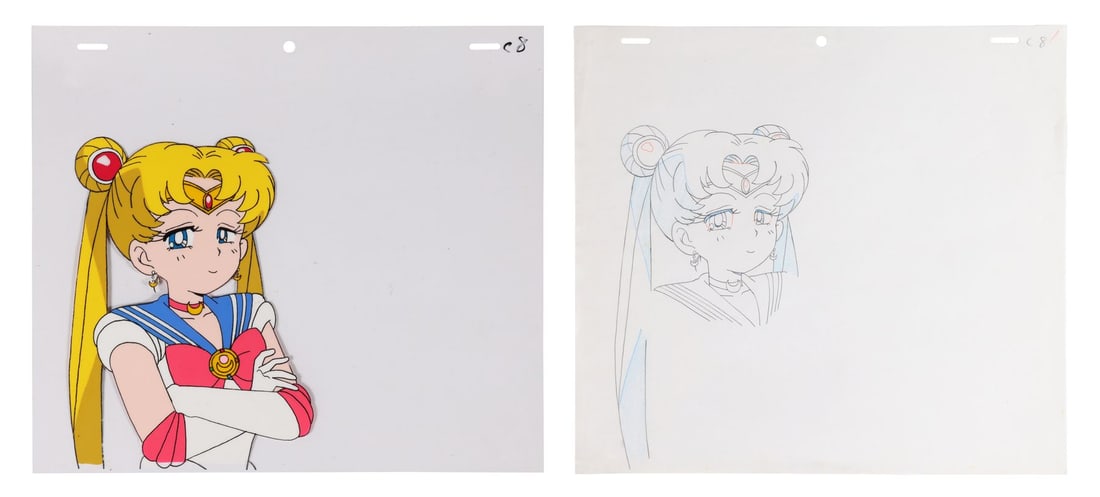 SAILOR MOON (TV SERIES, 1992-1997) - Usagi Original Production Cel with Matching Douga Drawing: SAILOR MOON (TV SERIES, 1992-1997) - Usagi Original Production Cel with Matching Douga Drawing - Sailor Moon herself, a clumsy schoolgirl, reluctant heroine, and ultimately the reincarnated Moon Princ