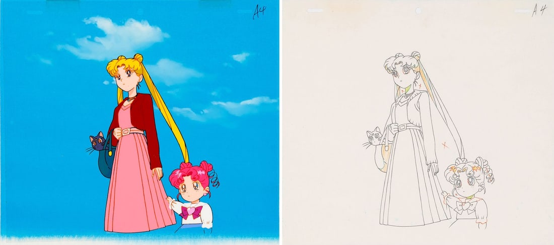 SAILOR MOON (TV SERIES, 1992-1997) - Usagi, Luna, and Chibi Chibi Original Production Cel on: SAILOR MOON (TV SERIES, 1992-1997) - Usagi, Luna, and Chibi Chibi Original Production Cel on Original Production Background with Matching Douga Drawing from "Go For Your Dream! Minako Becomes An Idol!