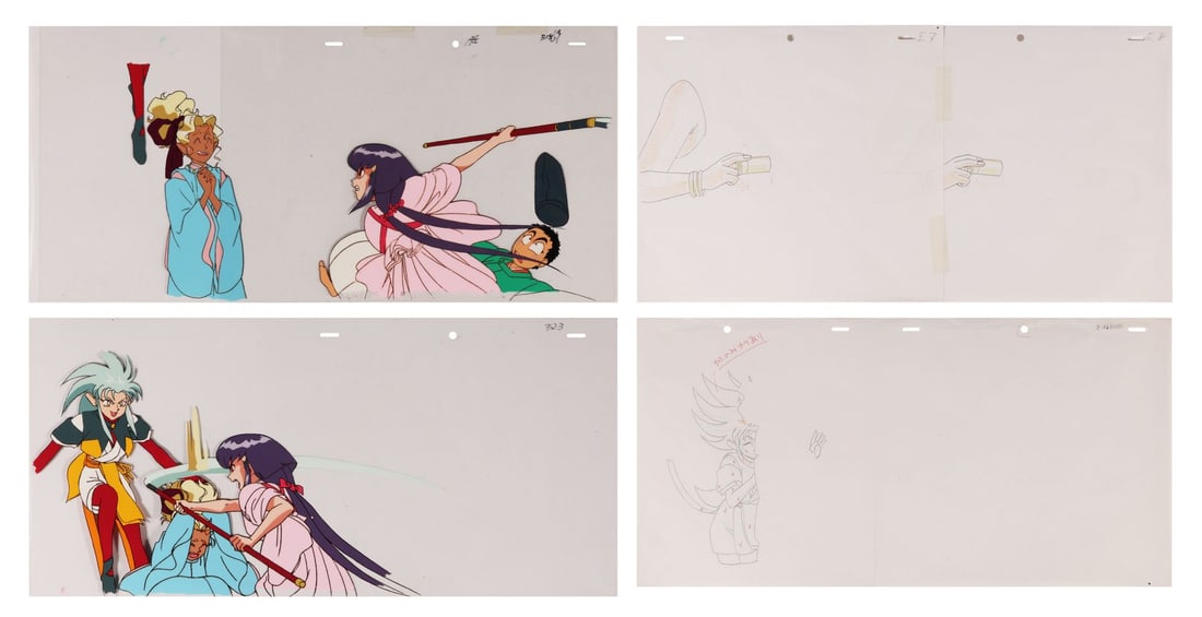 TENCHI MUYO! (TV SERIES, 1992-2021) - Tenchi, Ryoko, Ayeka, and Mimoshi Original Production Pan Cels: TENCHI MUYO! (TV SERIES, 1992-2021) - Tenchi, Ryoko, Ayeka, and Mimoshi Original Production Pan Cels with Two Matching Douga Drawings - Ayeka and Ryoko's rivalry showcased over two oversized productio