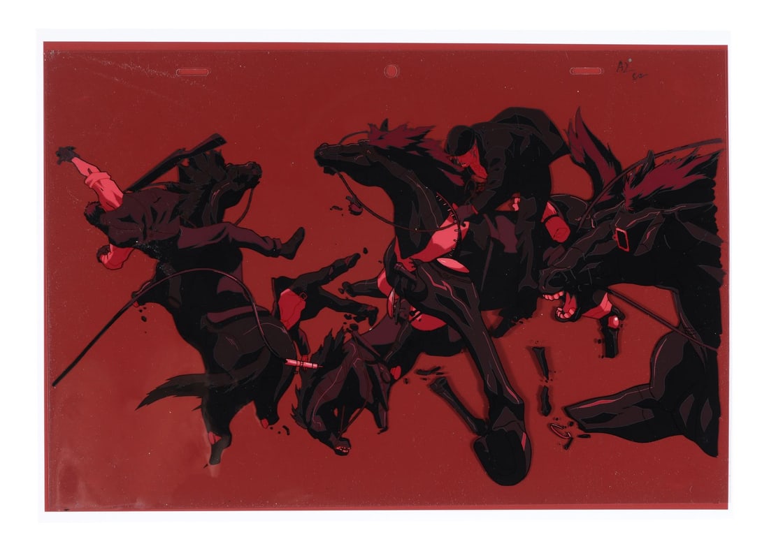 VAMPIRE HUNTER D: BLOODLUST (2000) - Men and Horses Original Production Cel on Fine Art Giclee: VAMPIRE HUNTER D: BLOODLUST (2000) - Men and Horses Original Production Cel on Fine Art Giclee Background with Matching Douga Drawings - This is the bloody flashback at the heart of John Elbourne's st