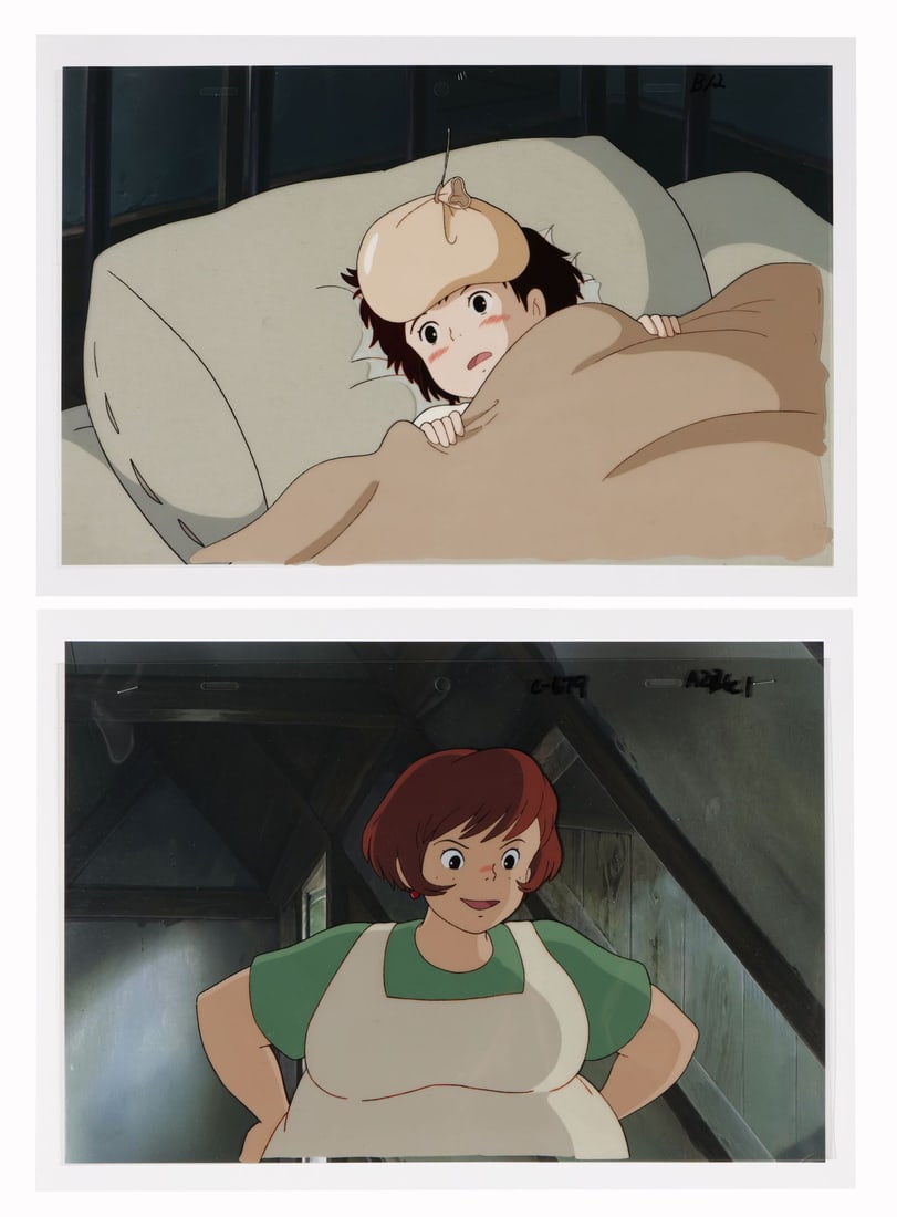 KIKI'S DELIVERY SERVICE (1989) - Kiki and Osono Original Production Cels on Fine Art Giclee: KIKI'S DELIVERY SERVICE (1989) - Kiki and Osono Original Production Cels on Fine Art Giclee Backgrounds - Two original production cels from Hayao Miyazaki's Kiki's Delivery Service (1989), capturing t
