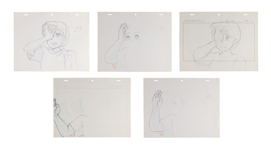 WHISPER OF THE HEART (1995) - Set of Five Shizuku Tsukishima Genga Drawings: WHISPER OF THE HEART (1995) - Set of Five Shizuku Tsukishima Genga Drawings - Five sheets of genga (key animation drawings) from Whisper of the Heart, the quiet, deeply personal 1995 Ghibli film direc