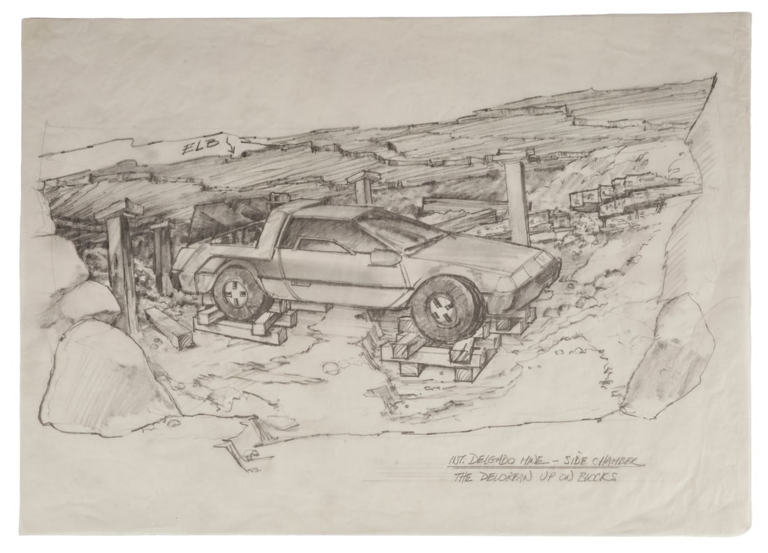 23. BACK TO THE FUTURE PART III (1990) - Hand-Drawn Martin A. Kline "DeLorean Up on Blocks" Concept: Bidding for this lot will end on Wednesday, August 26th. The auction will begin at 9:30 AM (PDT) / 12:30 PM (EDT) / 5:30 PM (GMT) and lots are sold sequentially via live auctioneer; tune in to the