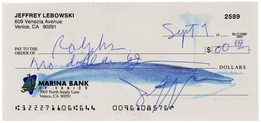 48. THE BIG LEBOWSKI (1998) - The Dude's (Jeff Bridges) Handwritten Check: Bidding for this lot will end on Wednesday, August 26th. The auction will begin at 9:30 AM (PDT) / 12:30 PM (EDT) / 5:30 PM (GMT) and lots are sold sequentially via live auctioneer; tune in to the