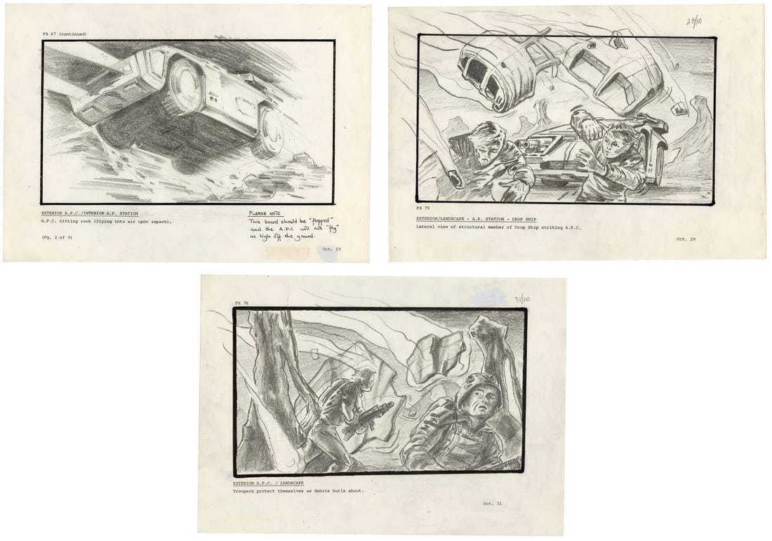 448. ALIENS (1986) - Set of Three Hand-Illustrated Bug Stomper Crash Storyboards: B