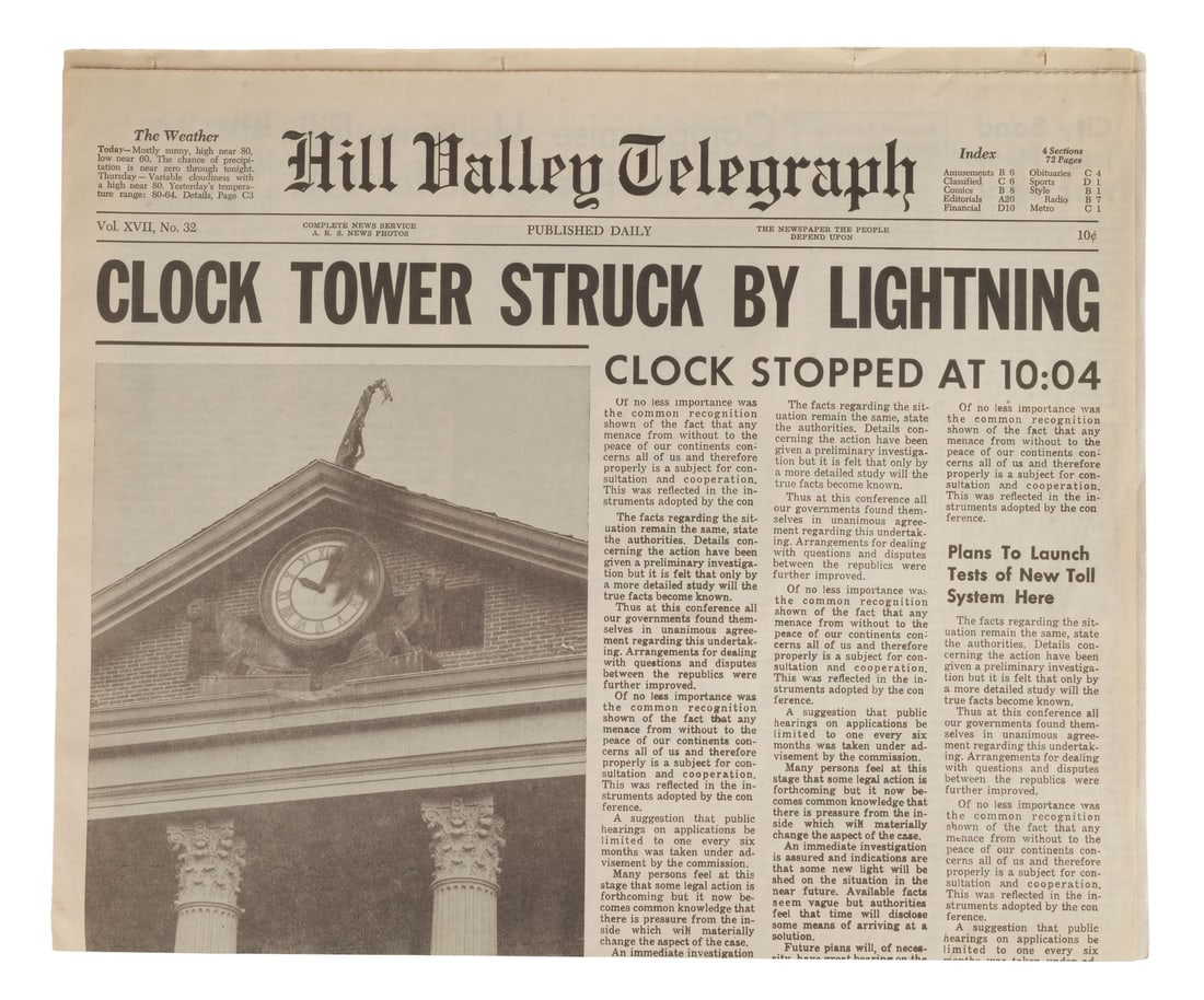 474. BACK TO THE FUTURE (1985) - "Clock Tower Struck By Lightning" Hill Valley Telegraph Newspaper: B