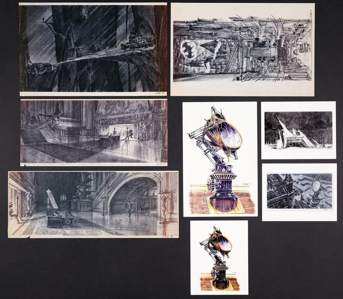 490. BATMAN RETURNS (1992) - Set of Batcave, Wayne Manor, and Gotham City Printed Concept Artwork: B