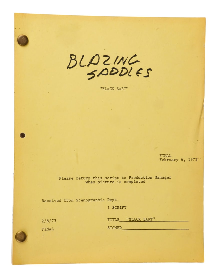536. BLAZING SADDLES (1974) - Bound Final Production Script: Bidding for this lot will end on Thursday, August 27th. The auction will begin at 9:30 AM (PDT) / 12:30 PM (EDT) / 5:30 PM (GMT) and lots are sold sequentially via live auctioneer; tune in to the