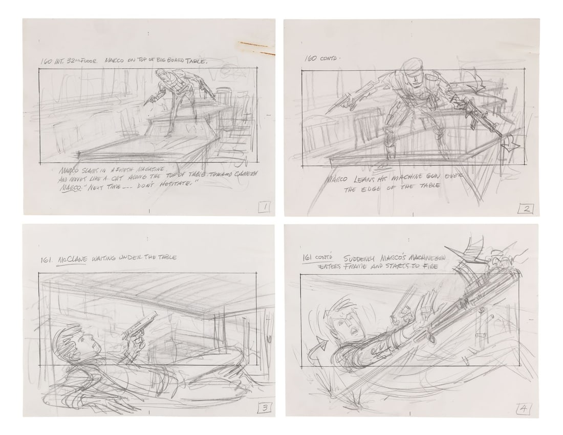 613. DIE HARD (1988) - Set of Four Original Hand-Drawn McClane vs Marco Storyboards: B