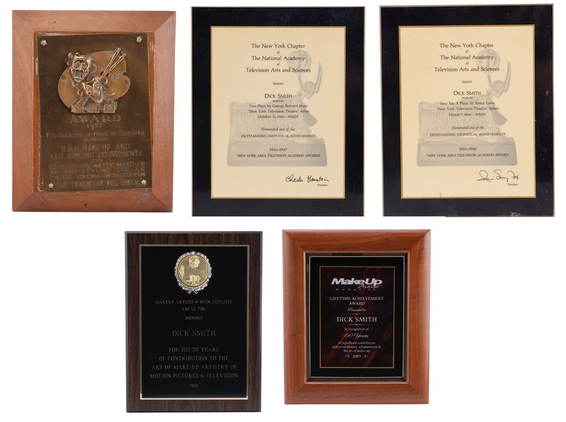 704. DICK SMITH - Dick Smith Collection: Smith's Set of Five Makeup Career Awards: Bidding for this lot will end on Thursday, August 27th. The auction will begin at 9:30 AM (PDT) / 12:30 PM (EDT) / 5:30 PM (GMT) and lots are sold sequentially via live auctioneer; tune in to the live