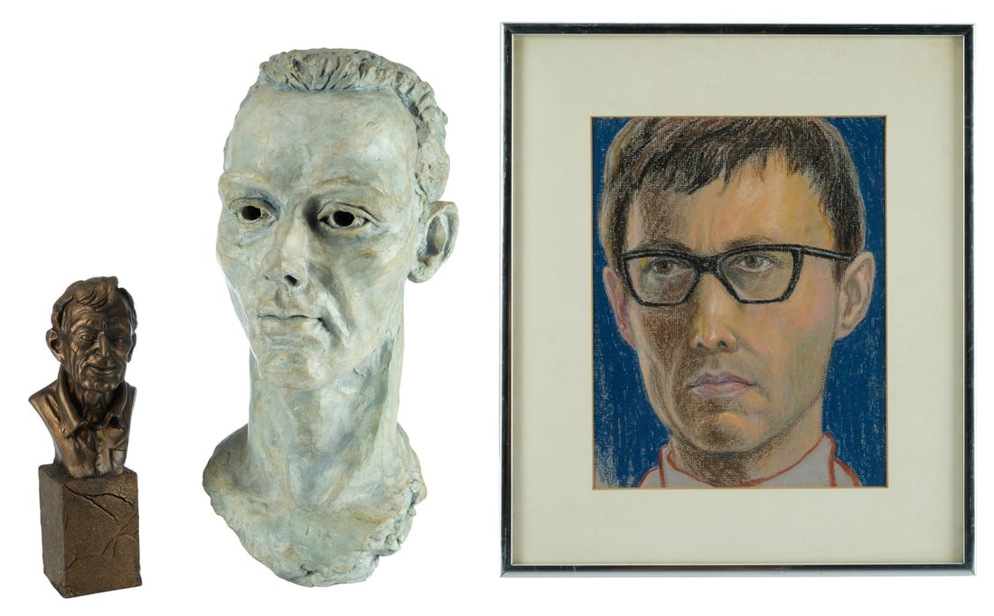 709. DICK SMITH - Dick Smith Collection: Pair of Busts with Framed Hand-Drawn Self-Portrait: B