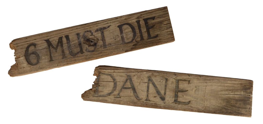 751. THE FOG (1980) - Pair of Screen-Matched "Dane" and "6 MUST DIE" Cursed Driftwood Planks: B