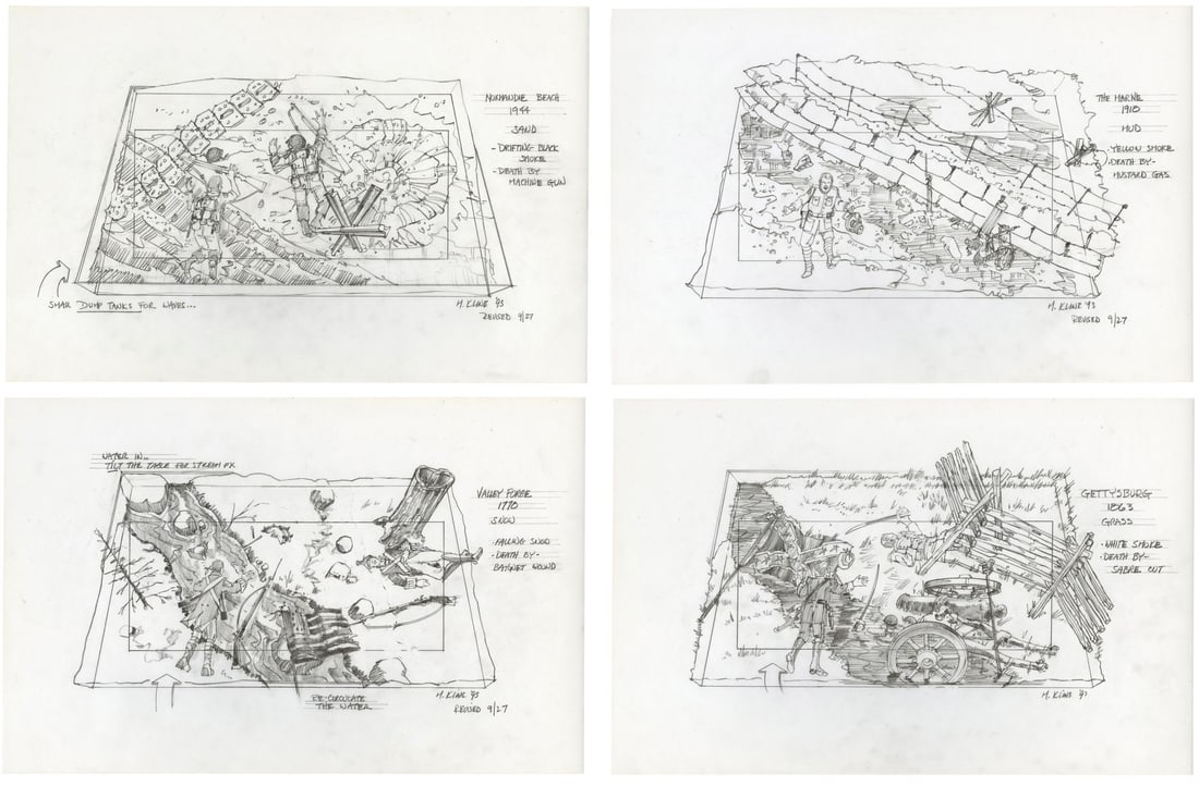 758. FORREST GUMP (1994) - Set of Four Hand-Drawn Martin A. Kline Taylor Family War Concept Sketches: B
