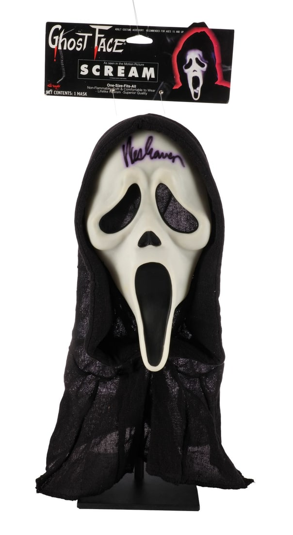 1110. SCREAM 4 (2011) - Wes Craven-Autographed Production-Made Ghostface Mask: Bidding for this lot will end on Friday, August 28th. The auction will begin at 9:30 AM (PDT) / 12:30 PM (EDT) / 5:30 PM (GMT) and lots are sold sequentially via live auctioneer; tune in to the live