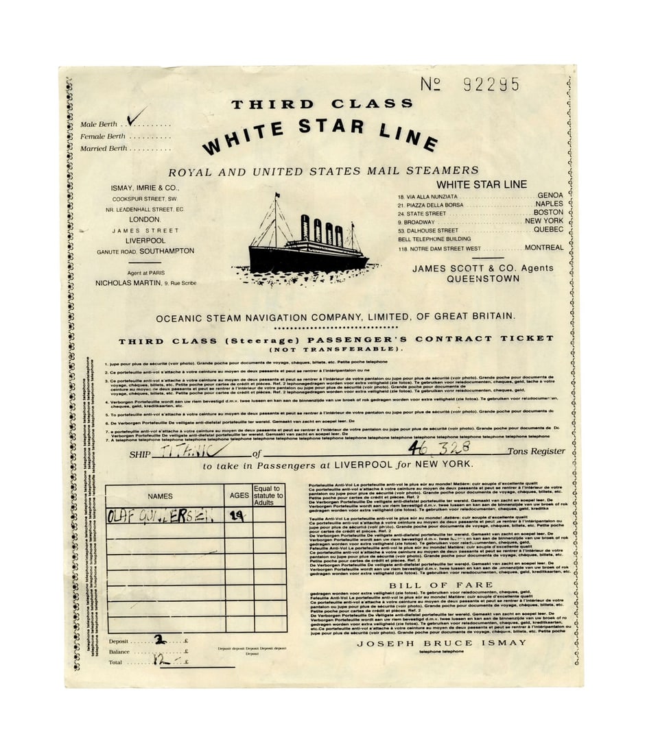 1264. TITANIC (1997) - Olaf Gunderson's (Bjorn Olsen) Third Class Titanic Ticket: B