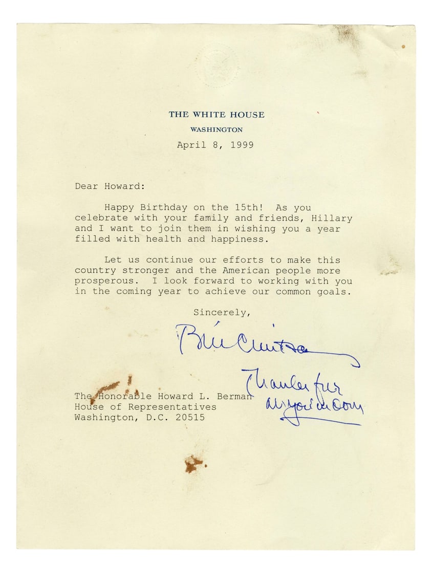 2038. BILL CLINTON - Bill Clinton-Signed Birthday Note to Howard Berman: B