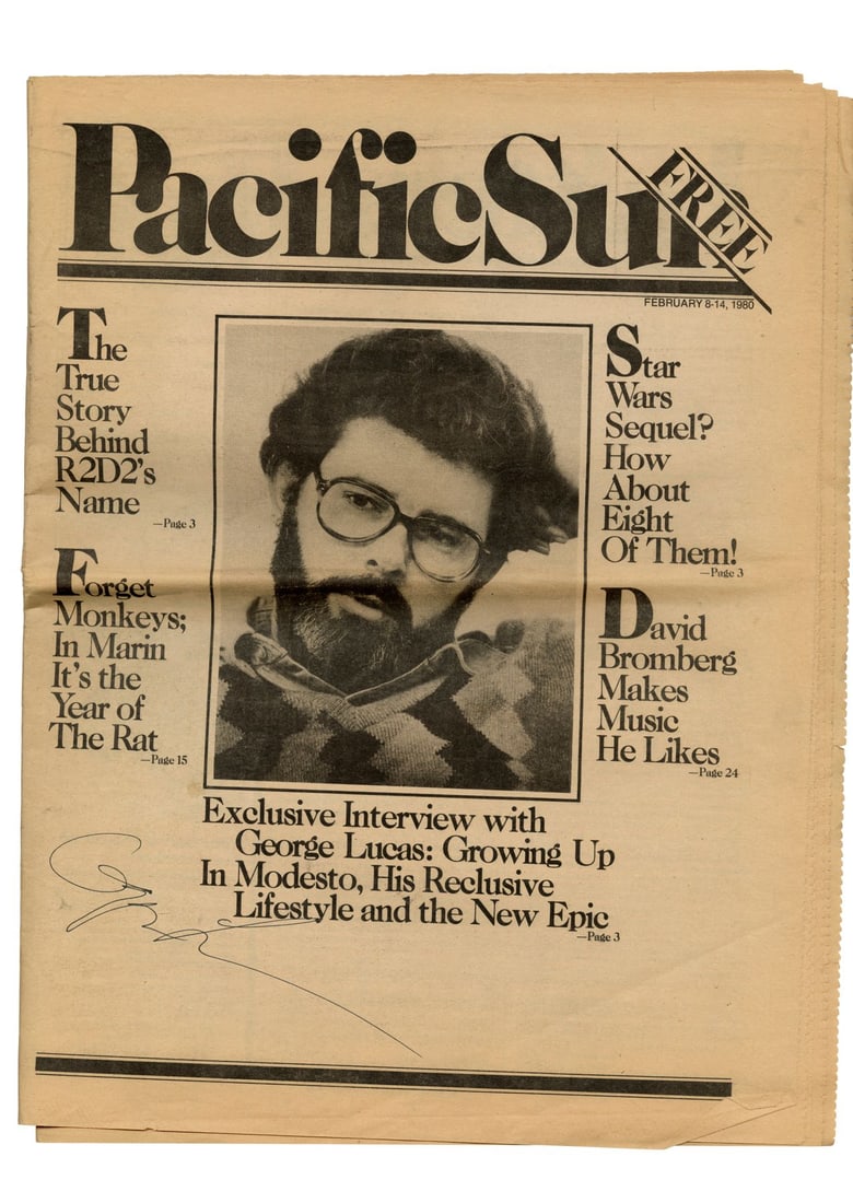 2062. GEORGE LUCAS - Miki Herman Collection: George Lucas-Autographed Pacific Sun Newspaper with: B