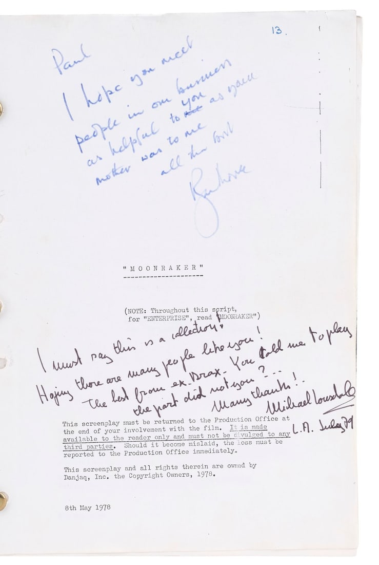 2093. JAMES BOND: MOONRAKER (1979) - Roger Moore and Michael Lonsdale-Autographed Script: B
