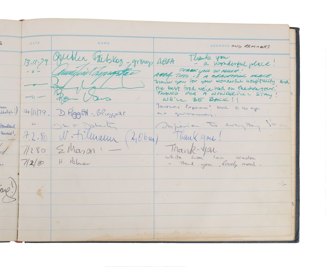 ABBA - Agnetha Faltskog, Bjorn Ulvaeus, Benny Andersson, and Anni-Frid Lyngstad-Signed Hotel Guest: ABBA - Agnetha Faltskog, Bjorn Ulvaeus, Benny Andersson, and Anni-Frid Lyngstad-Signed Hotel Guest Book, 1979 A guest book from Rookery Hall hotel in Cheshire, signed by all four members of ABBA and M