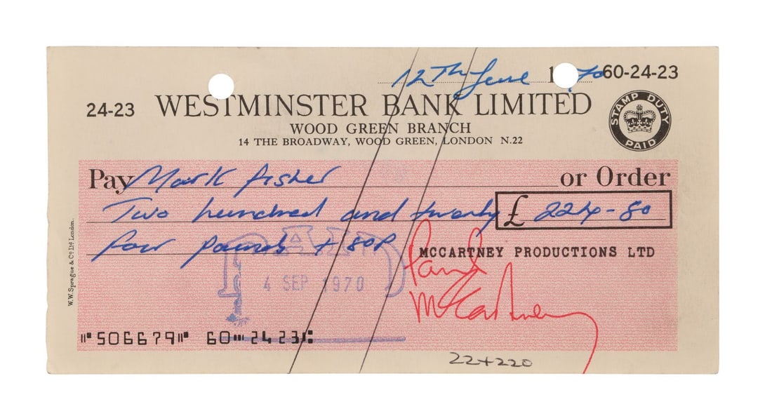 BEATLES, THE - John Lennon, Paul McCartney, George Harrison, and Ringo Starr-Autographed Westminster: BEATLES, THE - John Lennon, Paul McCartney, George Harrison, and Ringo Starr-Autographed Westminster Bank Cheques A set of two Westminster Bank cheques bearing the autographs of all four members of Th