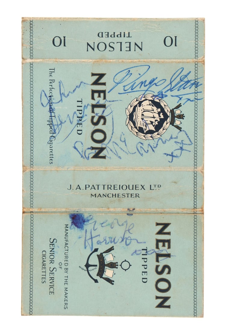 BEATLES, THE - John Lennon, Paul McCartney, George Harrison and Ringo Starr-Autographed Cigarette: BEATLES, THE - John Lennon, Paul McCartney, George Harrison and Ringo Starr-Autographed Cigarette Packet, 1962 A cigarette packet autographed by all four members of The Beatles. This packet of Nelson 